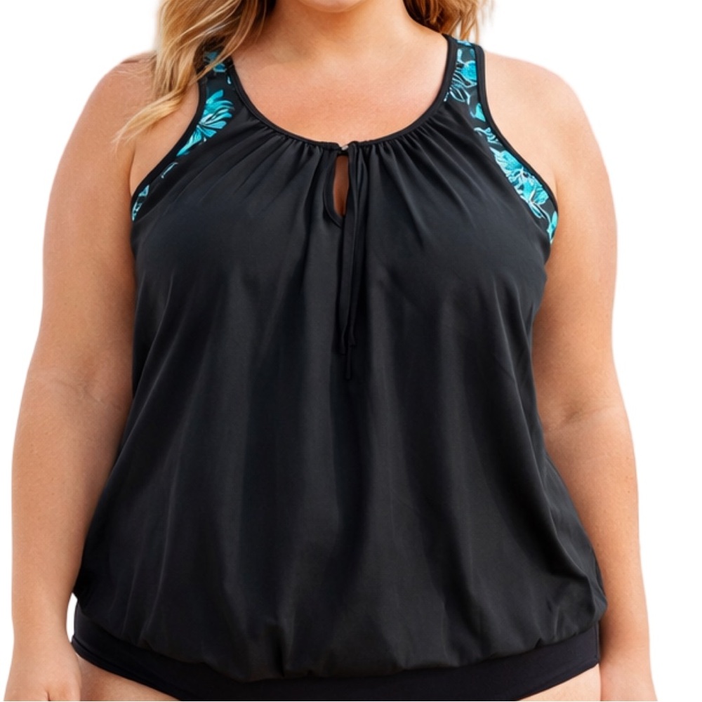 Yonique 2X Blouson Tankini Top Black Teal Floral Racerback NWT